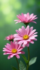 Obraz premium Vibrant pink daisy flowers blooming against a soft green background, spring, blooming, floral