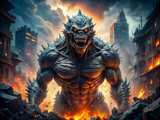 Fototapeta premium Giant Monster Battle Destroys Cityscape - Epic Showdown Stock Photo