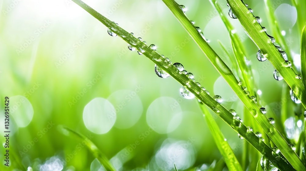 Poster fresh green grass with sparkling droplets of water giving a refreshing and natural feel after rain :