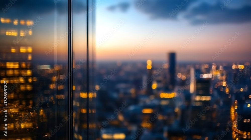 Poster blurred cityscape at sunset through a highrise building window : generative ai