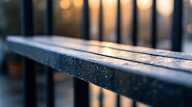 Closeup view of a damp wooden bench glinting in the early morning light with background blur : Generative AI