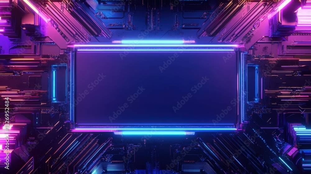 Poster vibrant neon background with futuristic circuit design and blank center panel, ideal for sci-fi proj