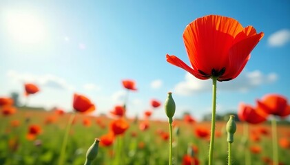 Naklejka premium Vibrant red poppy flowers blooming in a sunny meadow, summer, poppy