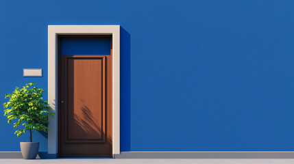 modern wooden door on vibrant blue wall with potted plant nearby
