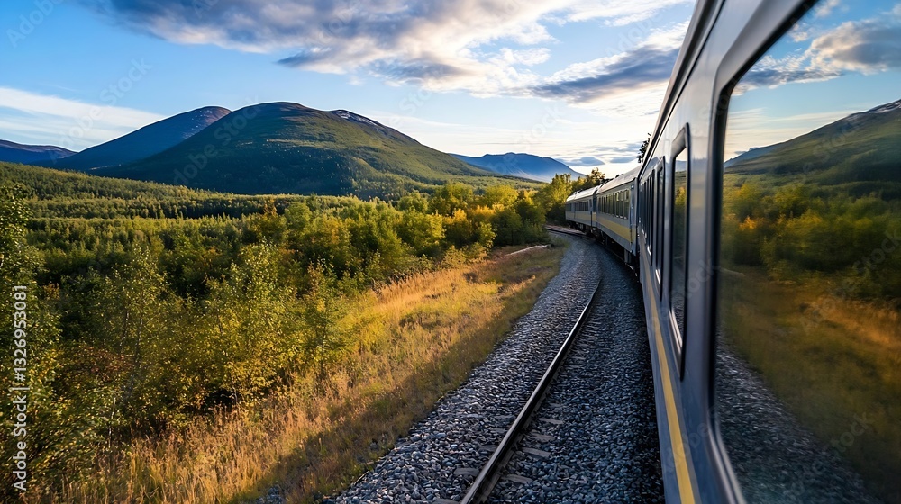 Poster stunning mountain scenery captured from a train window traveling through nature : generative ai