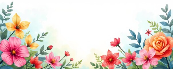 Obraz premium Vibrant spring floral border with watercolor background, perfect for greeting cards and invitations, border, greeting cards