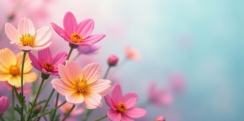 Obraz premium Vibrant spring flowers blooming with pink, yellow, and purple petals on a soft pastel background, purple, vibrant, abstract