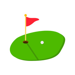 Golf course green with ball and red flag logo icon isolated on white background. Vector illustration