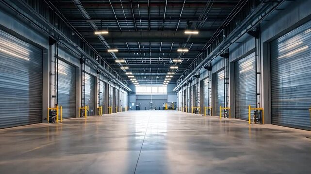 Spacious Industrial Warehouse Interior with Roll Up Doors, Polished Concrete Floors, and Bright Lighting for Efficient Storage Facility