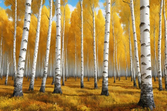 painting of a grove of trees with yellow leaves in a field