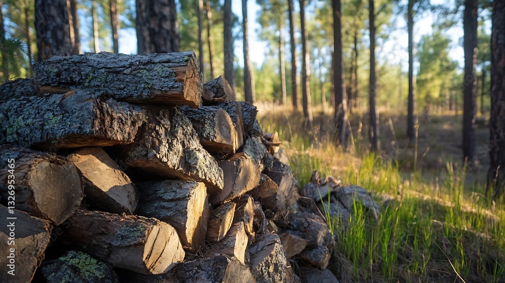 Poster stack of logs in a serene forest environment showcasing natural wood and sunlight : generative ai
