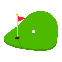 Golf course green with ball and red flag logo icon isolated on white background. Vector illustration