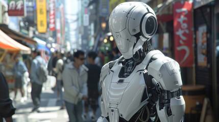 Fototapeta premium A sleek, humanoid AI robot stands amid a crowded urban street, surrounded by people and vibrant shop signs