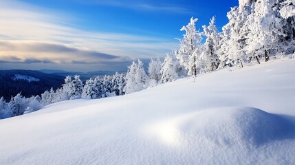 Beautiful snowy landscape with frostcovered trees under a bright blue sky showcasing winter wonder : Generative AI