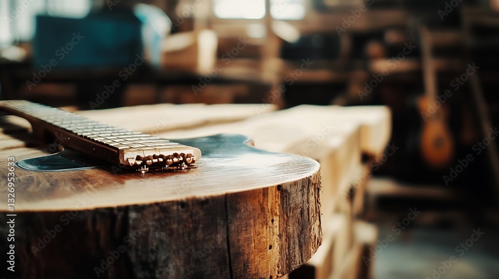 Poster artistic closeup of a beautifully crafted wooden guitar resting on a rustic table in a cozy workshop