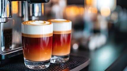 High-quality realistic photography of a coffee machine brewing a perfectly poured cappuccino in a stylish cup