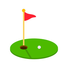Golf course green with ball and red flag logo icon isolated on white background. Vector illustration