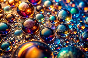 Naklejka premium Glistening Bubbles on Textured Surface with Dark Specks: Abstract Macro Photography