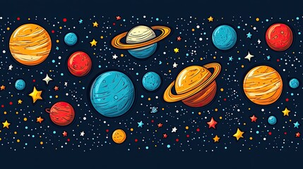 Fototapeta premium Colorful planets, stars, space, seamless pattern, cosmic background, kids' illustration