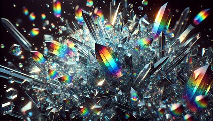 Abstract glass-like shards reflecting rainbow hues in a deep black void, creating a vibrant, surreal background and wallpaper