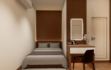 Interior of modern bedroom with beige and wooden walls, wooden floor	
