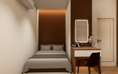 Interior of modern bedroom with beige and wooden walls, wooden floor	