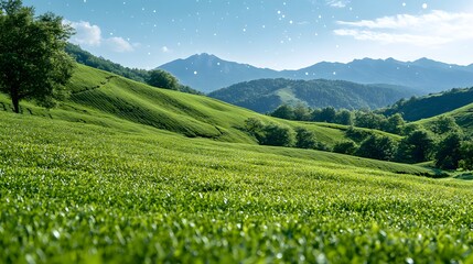 Lush Green Rolling Hills Under a Clear Blue Sky in Nature Landscape