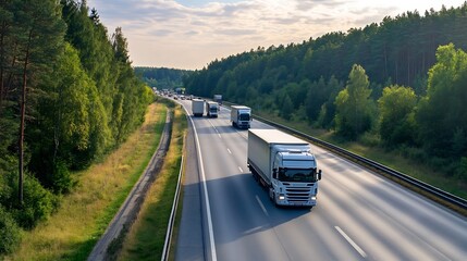 Trucks on a highway surrounded by lush green trees and a bright blue sky during the day : Generative AI