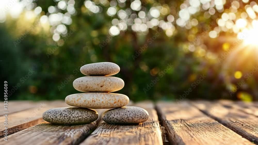Poster serene stack of stones resting on wooden surface with soft sunlight filtering through trees in peace