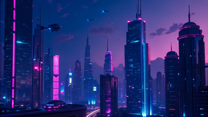 City skyline at night with skyscrapers and city lights