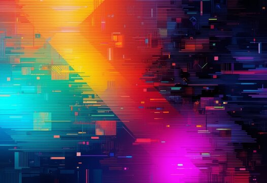 Glitch Chaos vibrant pixilation Digital Distortion Overlay, vibrant colors, and abstract nature of the background.
