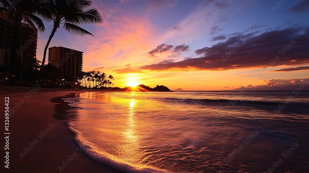 Poster breathtaking sunset casting golden light over a peaceful beach with gentle waves and silhouetted pal