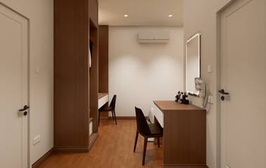 Interior of modern bedroom with beige and wooden walls, wooden floor	