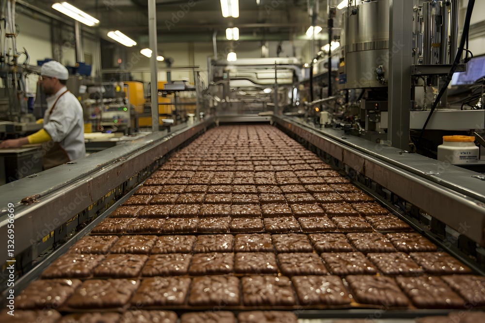 Poster factory production: an expansive view inside a food production facility showcases an automated conve