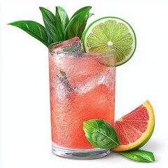 Pink Grapefruit Cocktail with Lime and Basil Garnish