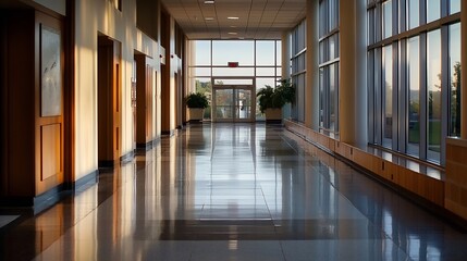 Brightly lit corridor in modern building with large windows and polished floors reflecting sunlight : Generative AI