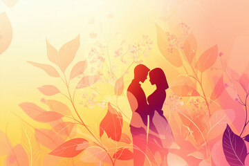 Stylized Romantic Couple Silhouette Embracing in Spring Abstract Floral Blossoms Design Stock Photo Image