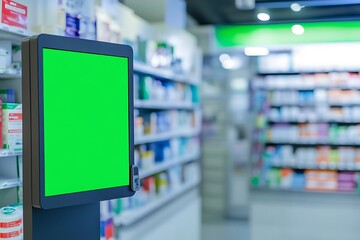web booth with green display in drugstore buyer uses tech racks full of meds drugstore inside self-help data sleek shop health aid active screen useful  
