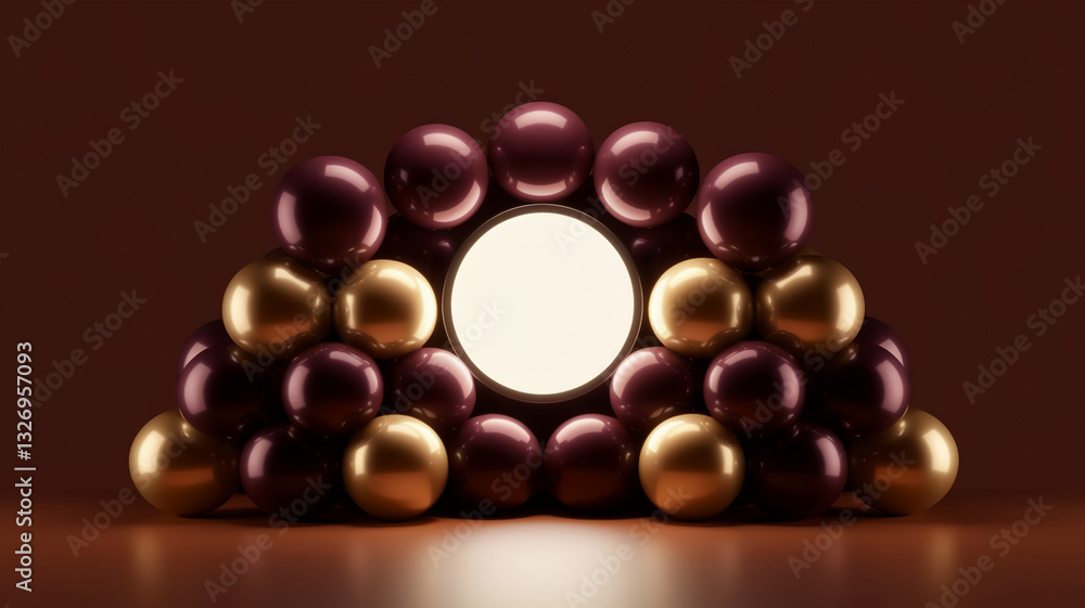Poster golden and maroon spheres form a backdrop for a lit circular display, creating a luxurious and elega