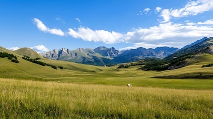 Breathtaking view of lush green grassland and majestic mountains under a bright blue sky : Generative AI