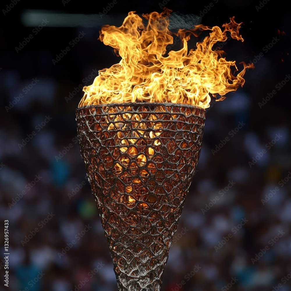 Poster captivating flame burning brightly atop an intricate metal torch against a blurred background creati