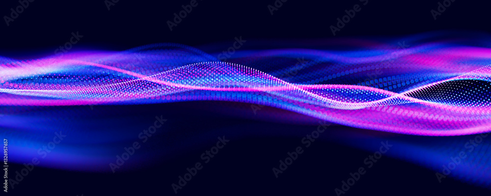 Poster abstract wave of particles. big data digital flow concept. llm learning process, ai technology. quan