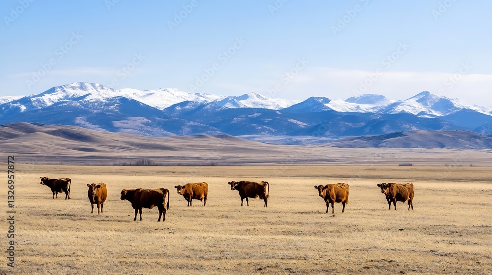 Poster Herd of Cattle Grazing on Open Pasture with Snowcapped Mountains in the Background : Generative AI
