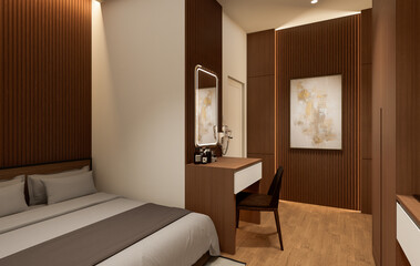 Interior of modern bedroom with beige and wooden walls, wooden floor	