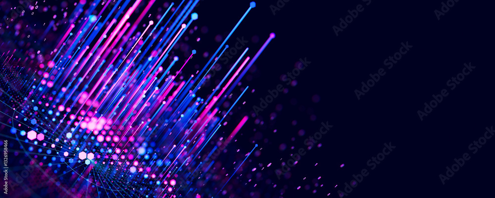 Poster Big Data complex graph. Quantum computing universe. Cyber space of AI technology. Futuristic graph. Digital information presentation. 3d render illustration