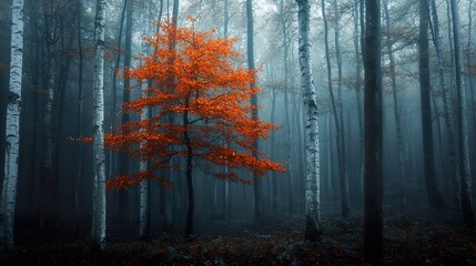 Obraz premium Misty Forest Scene Featuring a Striking Orange Beech Tree