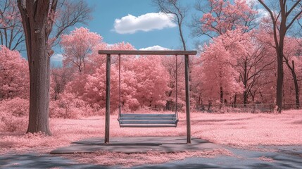 Empty swing set in pink park under blue sky. Possible use Stock photo for nature, tranquility, and spring