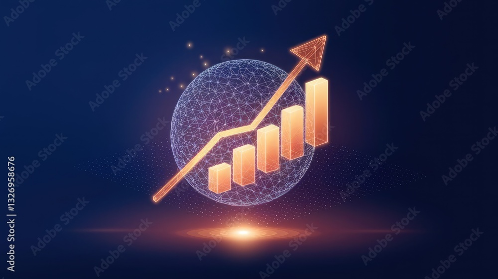 Poster abstract blockchain hologram and growth graph chart consist of glowing arrows. digital growing diagr