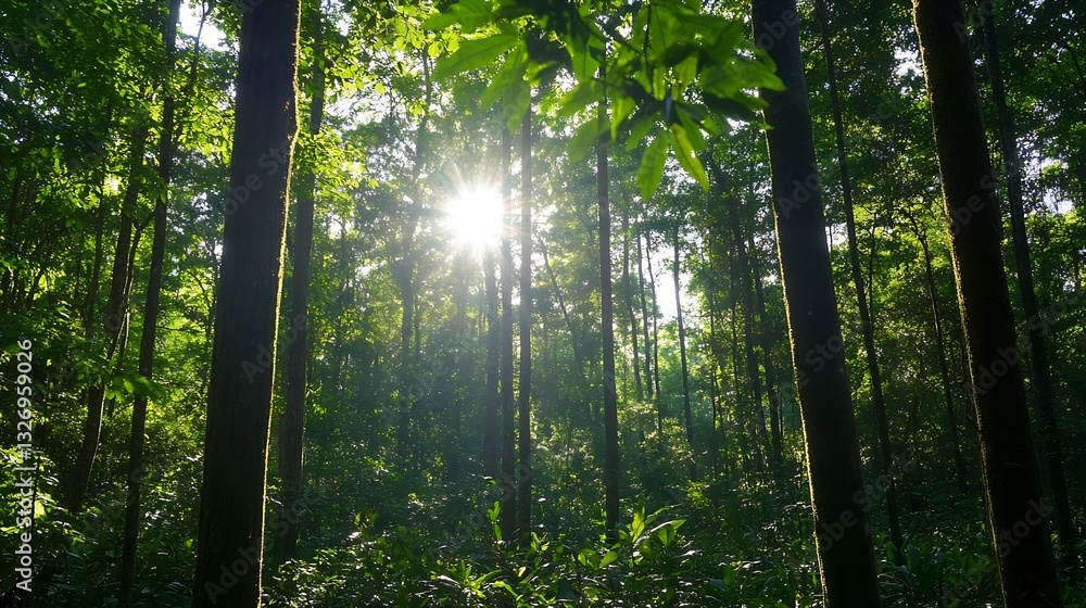 Poster Lush green forest with sunlight filtering through trees creating a magical atmosphere : Generative AI