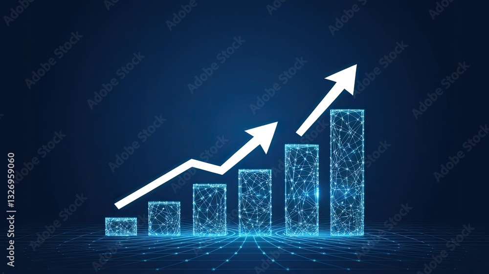 Poster abstract blockchain hologram and growth graph chart consist of glowing arrows. digital growing diagr